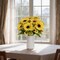 Spring Tabletop Decor – Artificial Sunflower Table Centerpiece with 6" White Ceramic Vase, 13" Faux Sunflower Arrangement with Small Daisies & Eucalyptus Leaves for Dining Table, Coffee Table & Farmhouse Home Décor